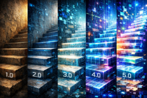 Five staircases increasing in technological complexity labeled 1.0 through 5.0