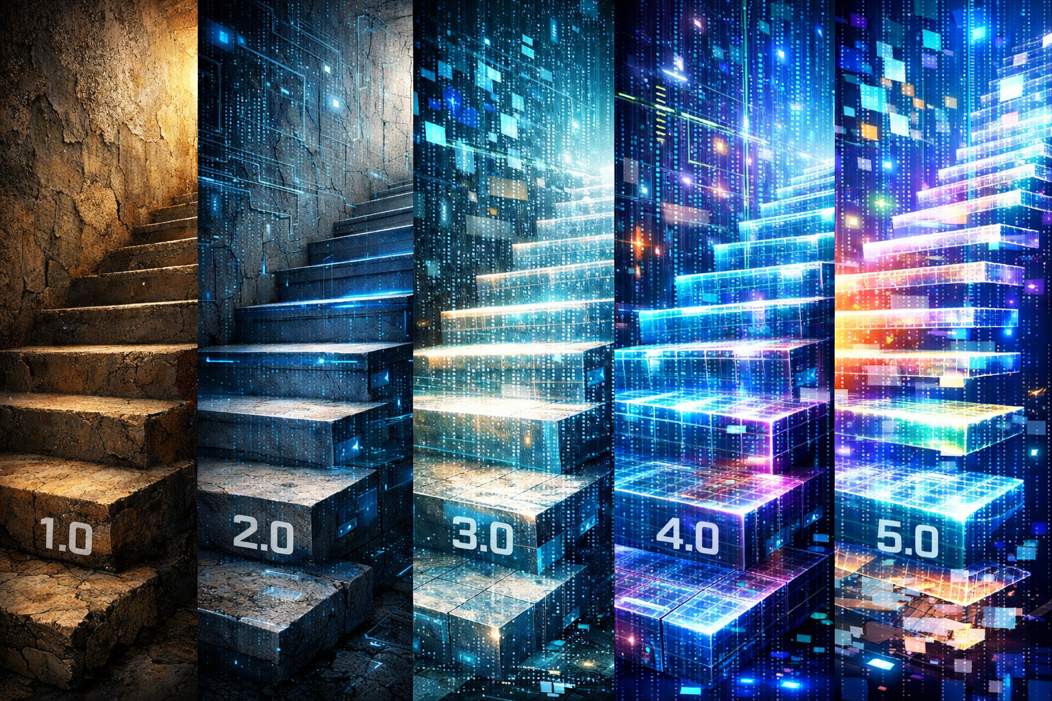 Five staircases increasing in technological complexity labeled 1.0 through 5.0